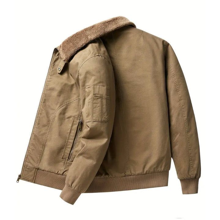 Men's warm bomber jacket, plush Sherpa collar, zip front, ribbed hem. Perfect black outerwear for fall & winter.