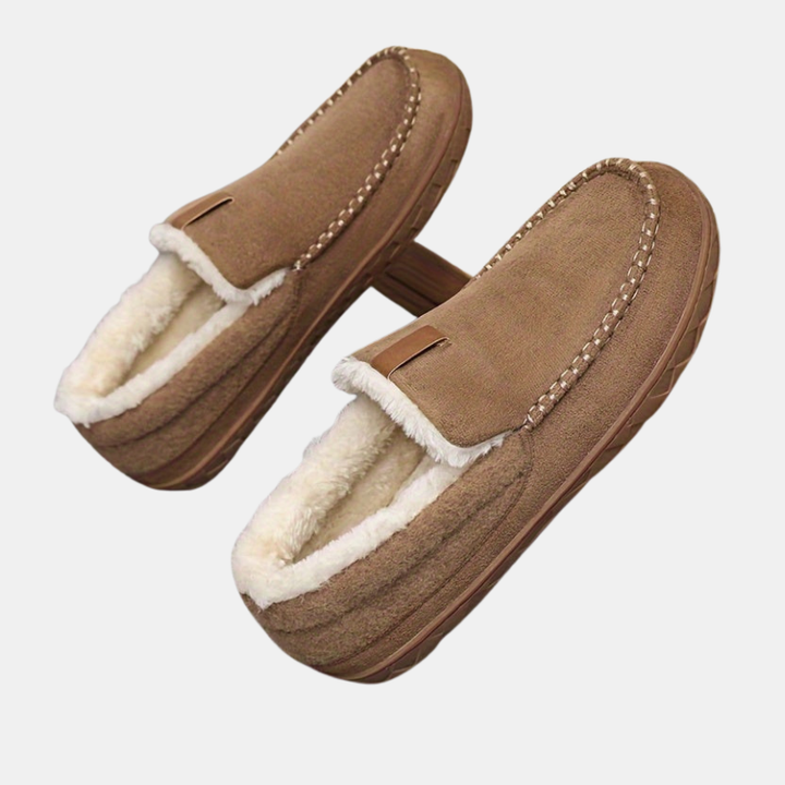 Men's plush warm house slippers with cozy sheepskin lining & non-slip sole for ultimate winter comfort.