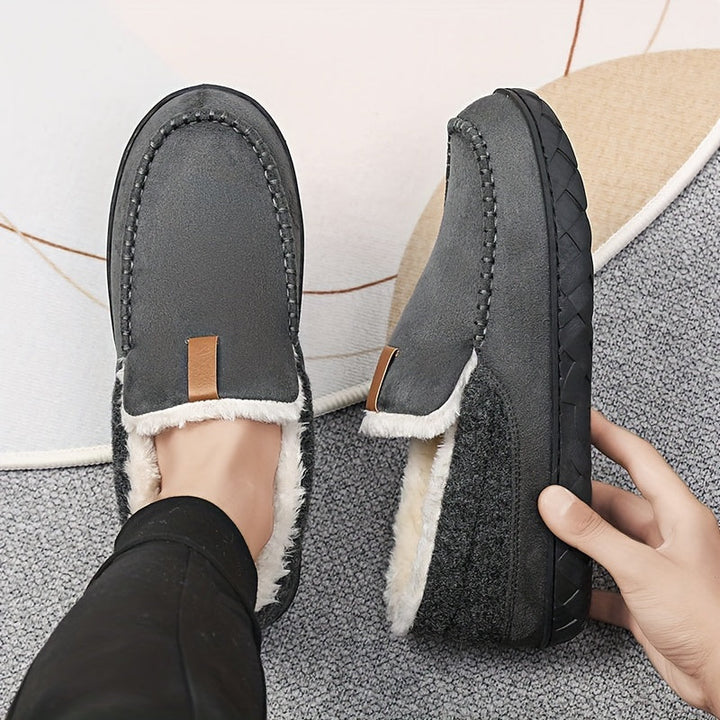 Winter-ready men's plush warm slippers with cozy sheepskin lining and a secure non-slip sole for home.