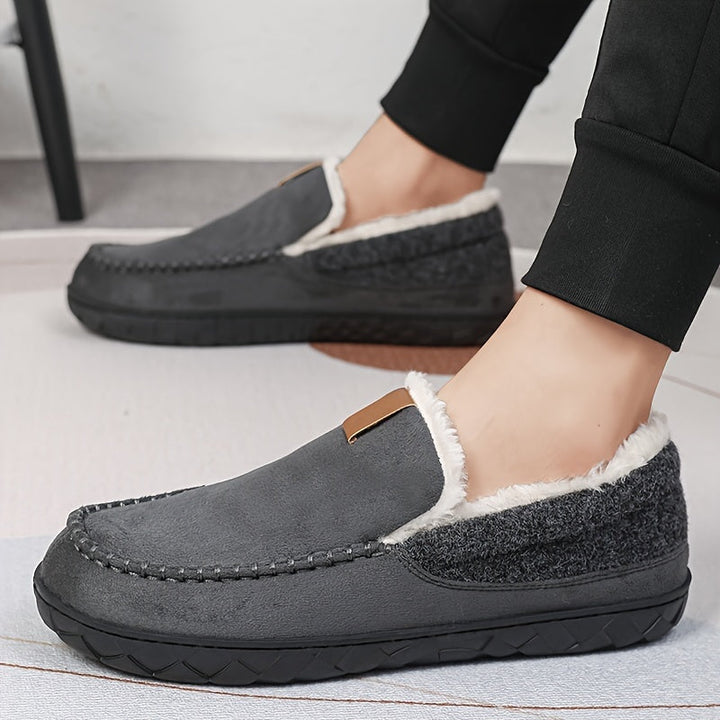Men's sheepskin-lined warm slippers, plush exterior, comfort footwear with a sturdy non-slip sole.