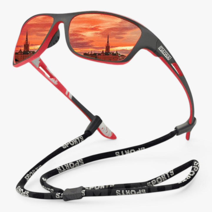 Man wearing polarized sports sunglasses while running outdoors, showing UV400 protection eyewear.