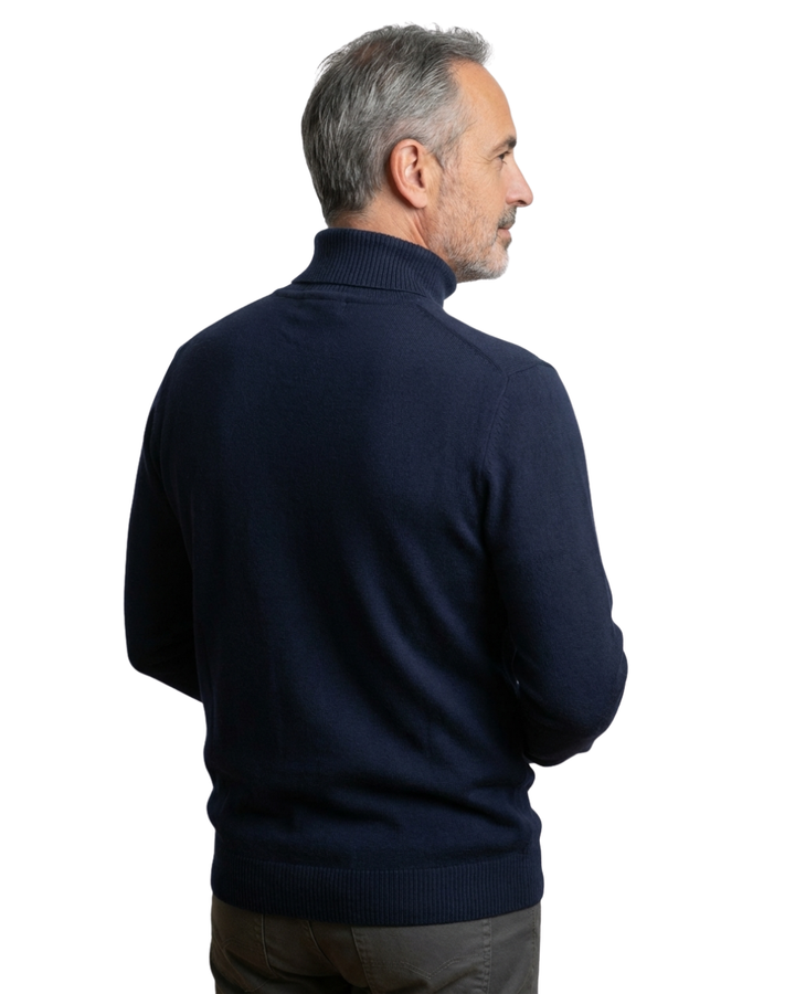 Close-up: Men's premium turtleneck sweater knit. Soft, comfortable, and stylish texture for fall/winter.