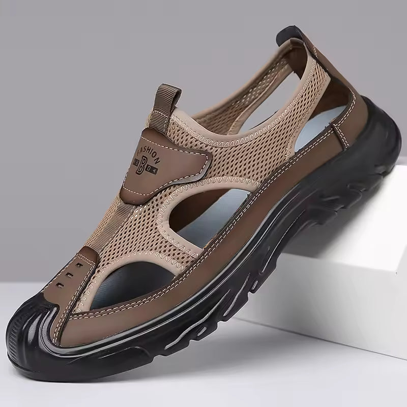 Men's premium brown leather slip-on closed-toe sandals, perfect for casual summer wear & travel comfort.