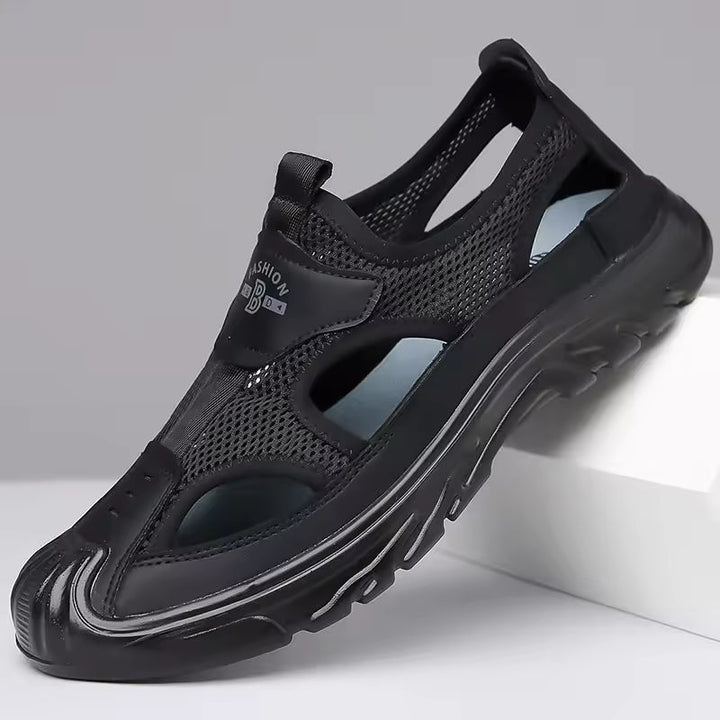 Stylish men's leather closed-toe slip-on sandals, versatile for casual outfits, summer trips, and everyday comfort.
