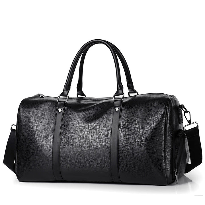 Luxury brown leather weekend duffle bag for men, featuring a classic design & ample storage.