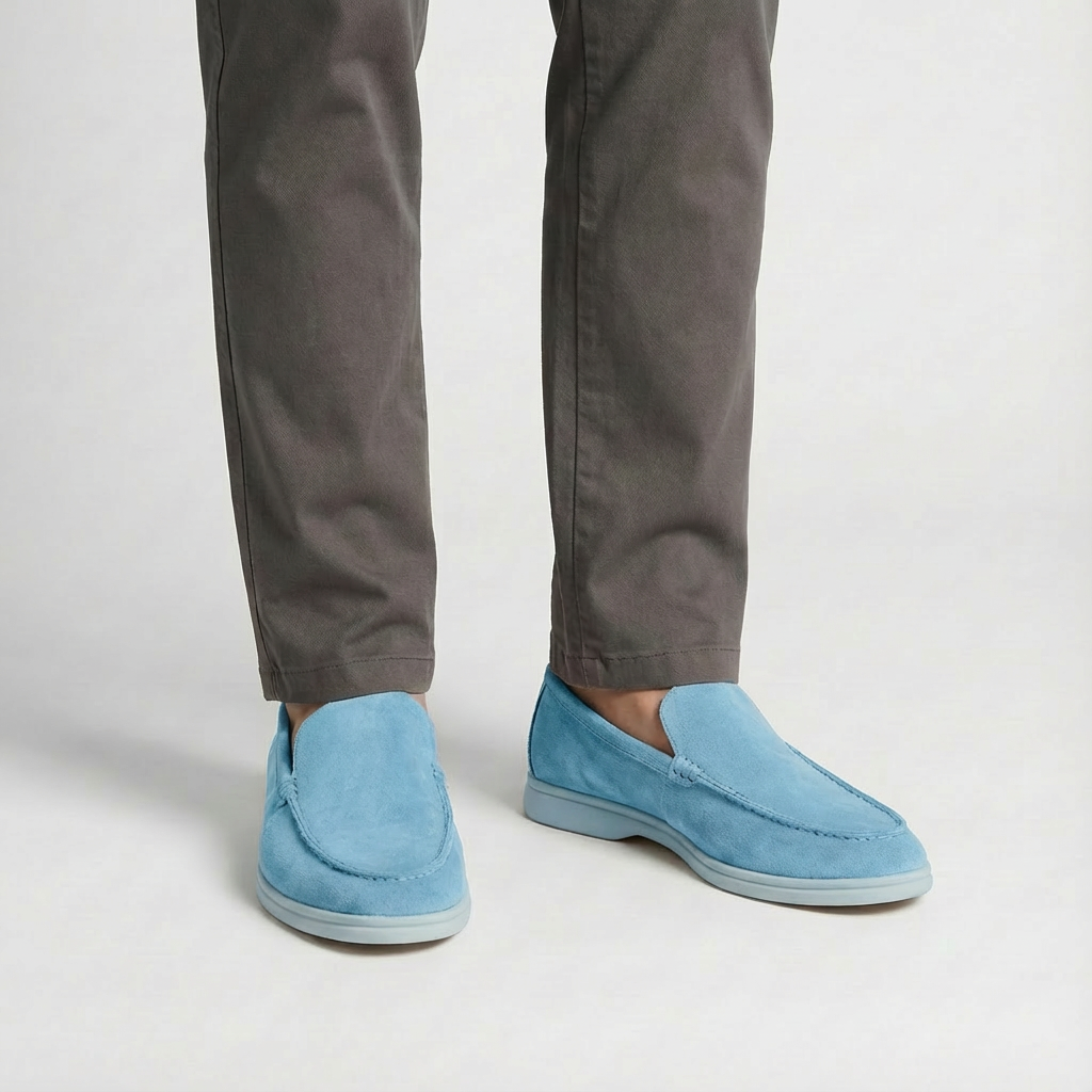 Man walking in comfortable men's slip-on loafers, demonstrating ease & everyday style.