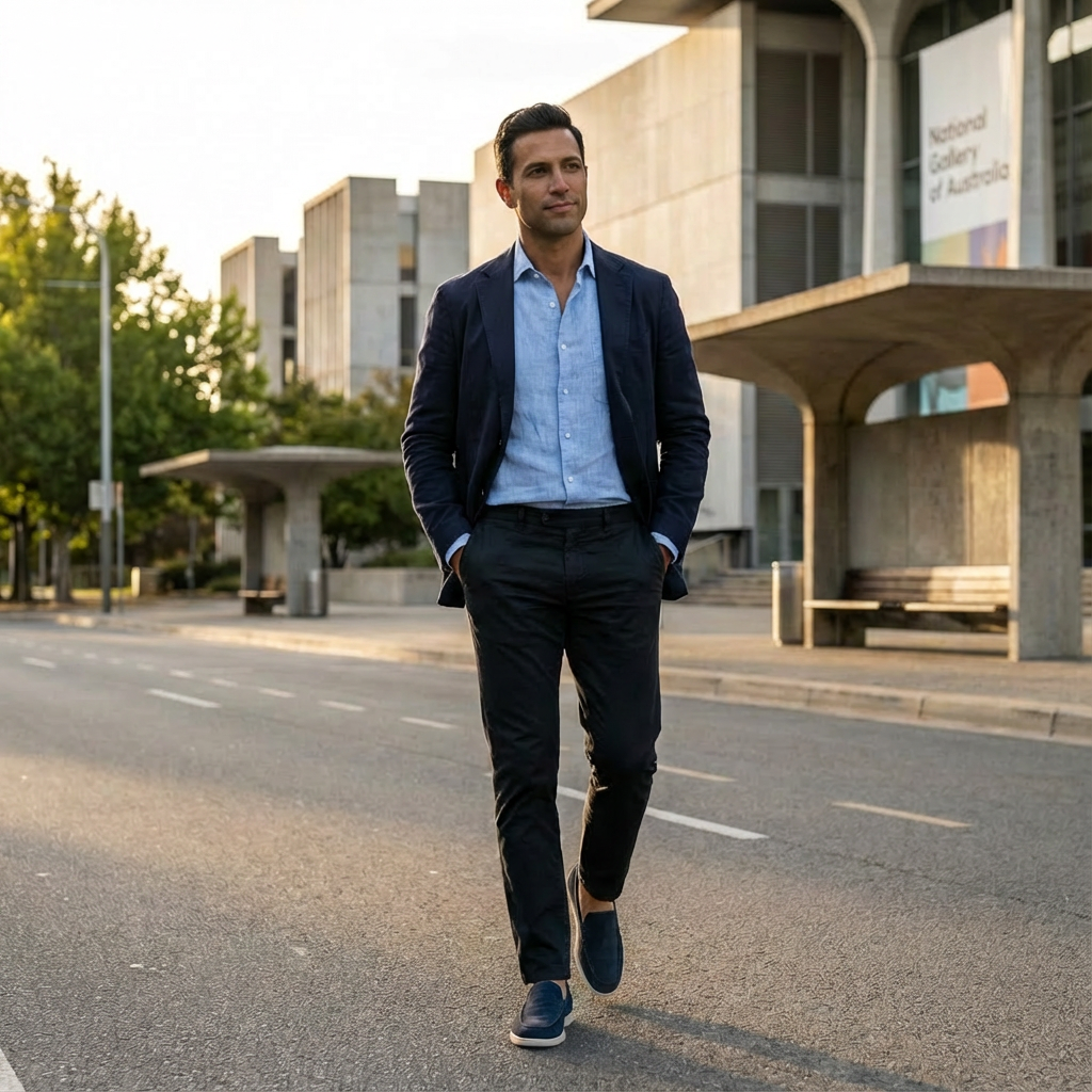 Men's classic dress loafers paired with trousers, elegant and comfortable for formal events.