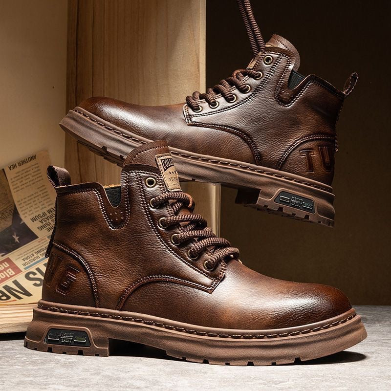 Men's premium brown slip-on work boots, comfortable & anti-slip for daily wear.