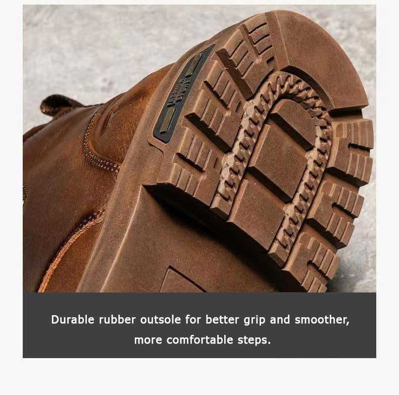Easy-wear men's slip-on work boots in brown. Premium, anti-slip, comfortable, and durable footwear.