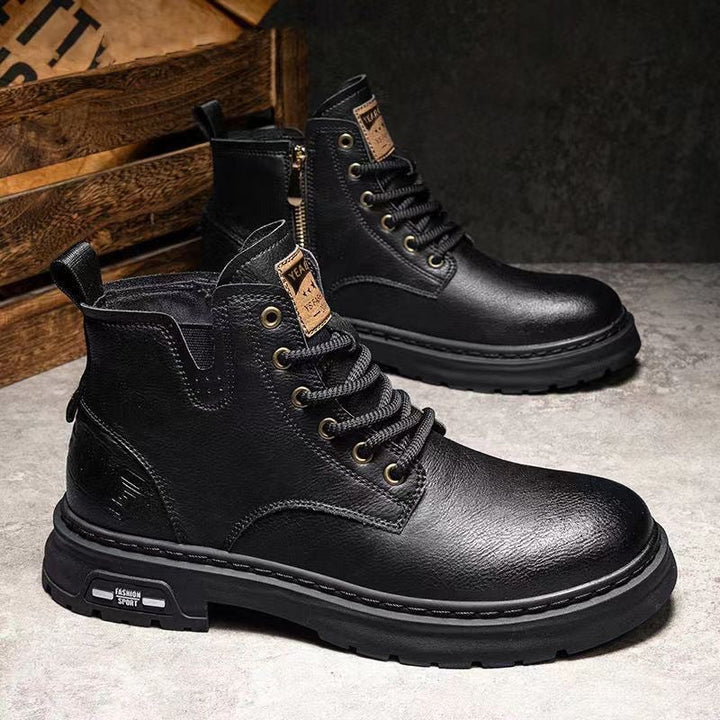 Side view of men's premium brown slip-on work boots, anti-slip, comfortable & durable.