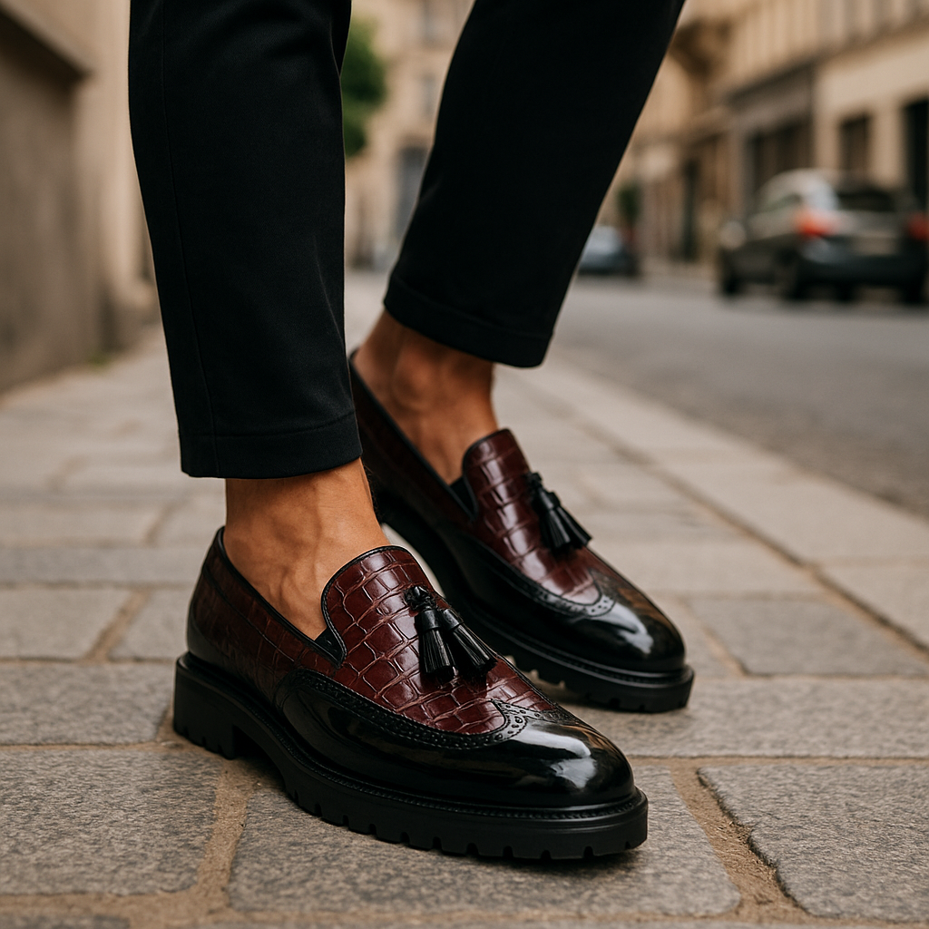 Comfortable men's premium croc-embossed slip-on loafers with elegant tassels.