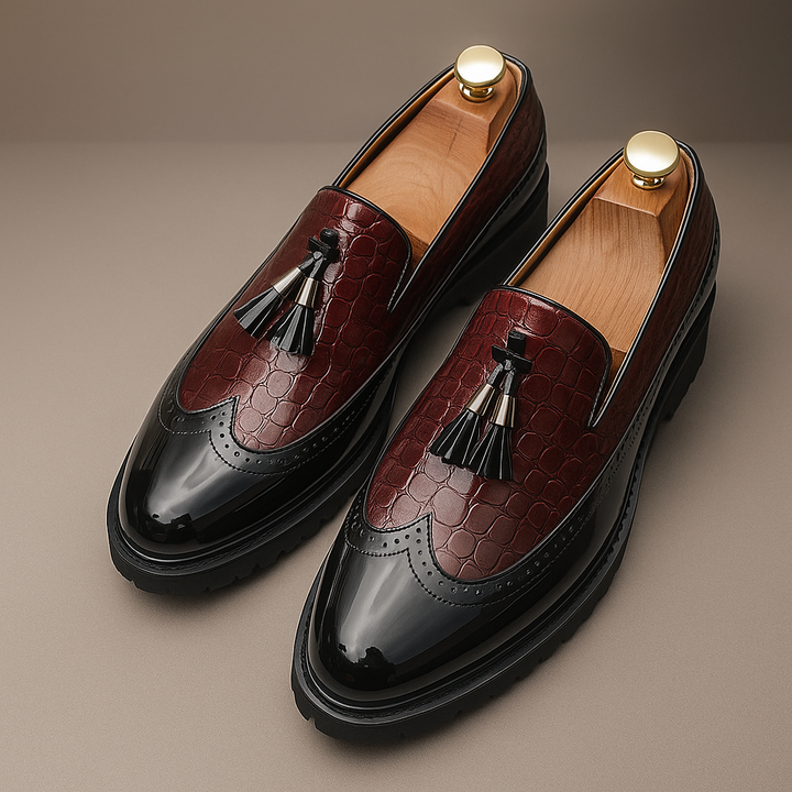 Modern men's slip-on croc-embossed tassel loafers, offering sophisticated style & comfort.
