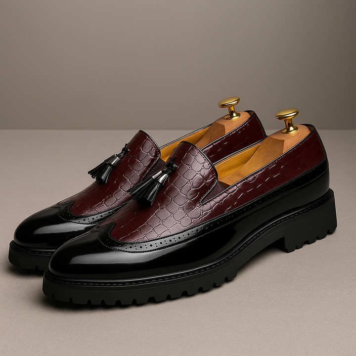 Men's premium croc-embossed tassel loafers. Stylish slip-on luxury dress shoes for formal or smart casual wear.