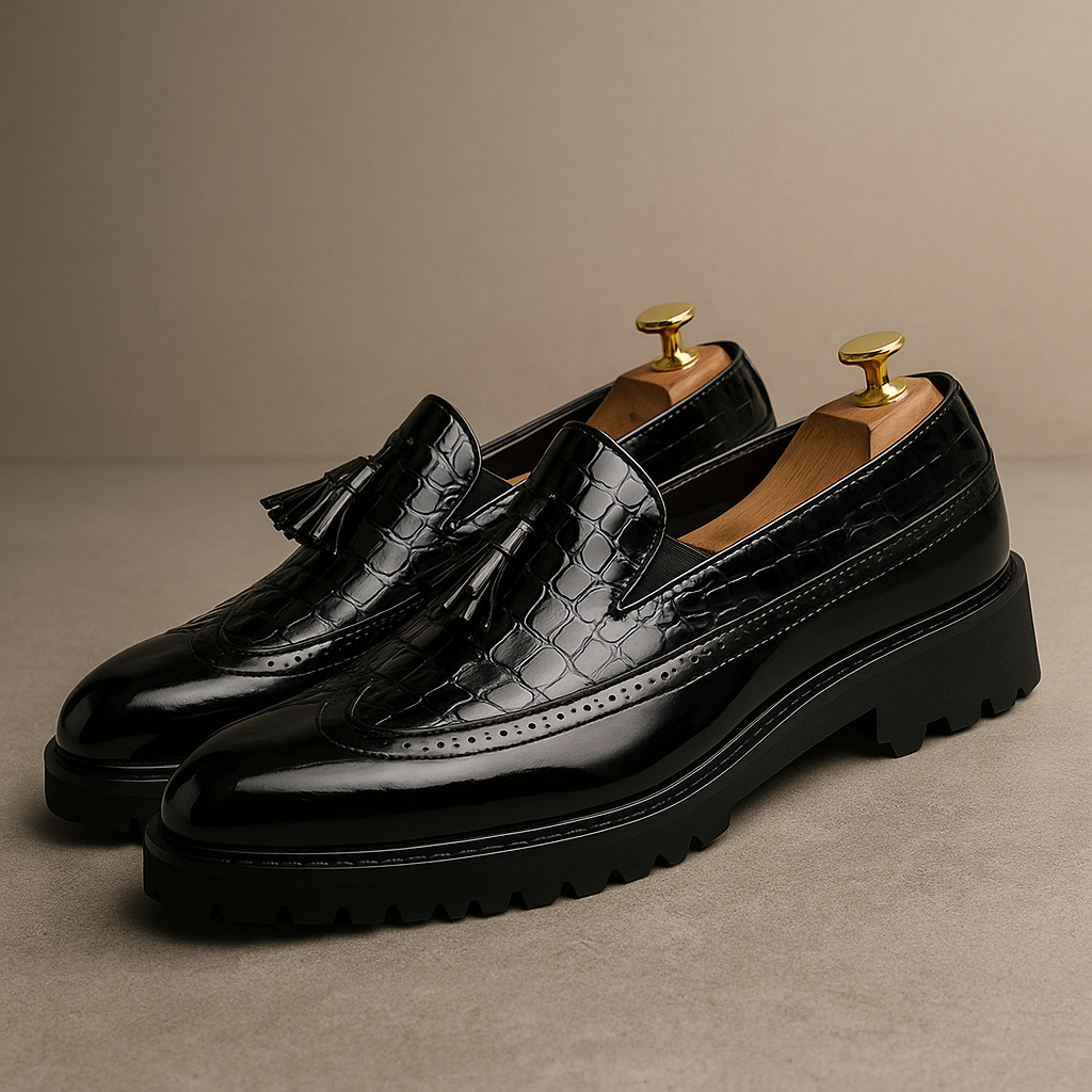 Elegant men's slip-on loafers with luxurious croc-embossed texture & classic tassels. Perfect for formal events.