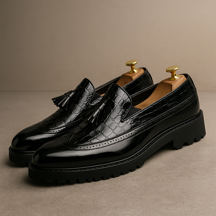Elegant men's slip-on loafers with luxurious croc-embossed texture & classic tassels. Perfect for formal events.