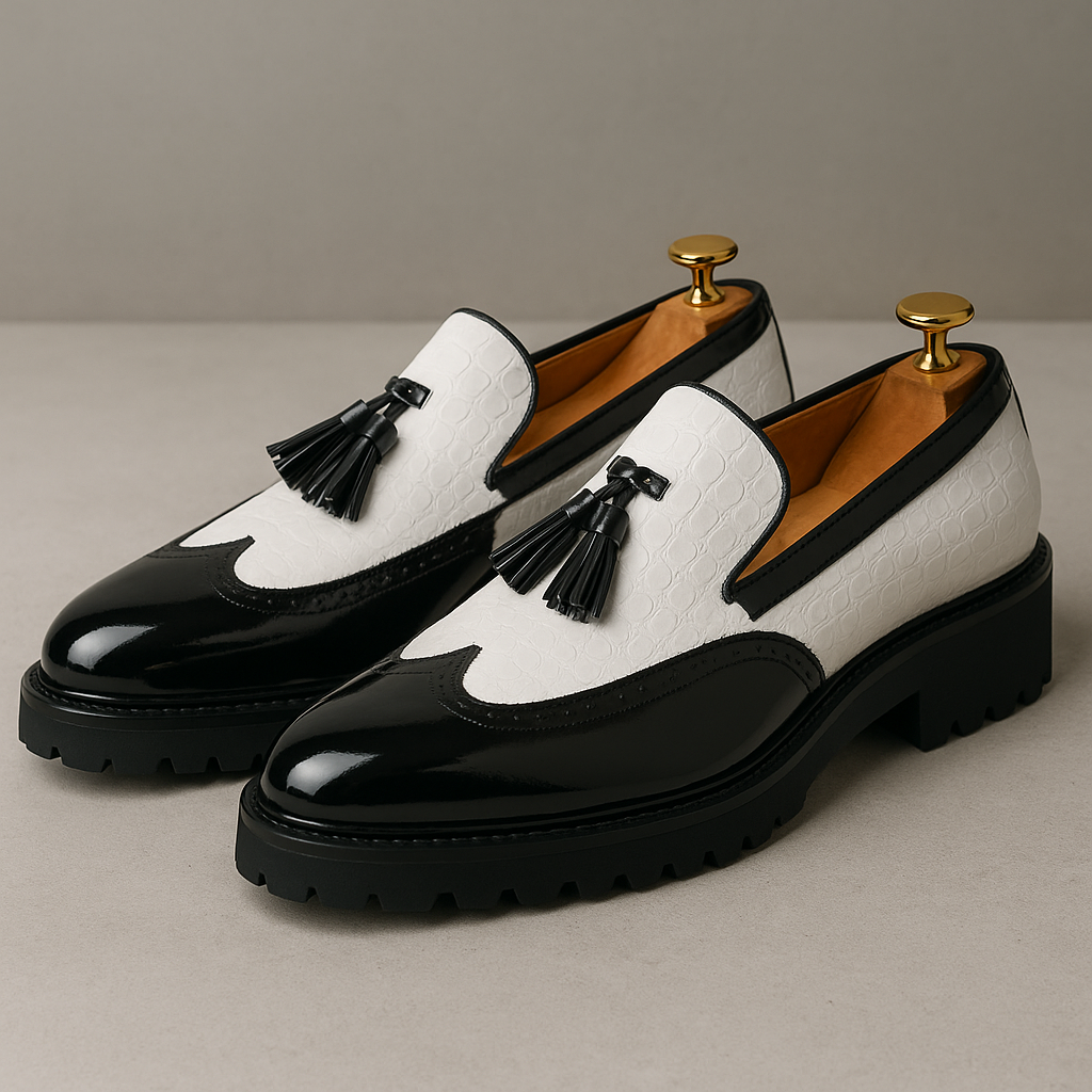 Stylish men's formal loafers: premium croc-embossed leather, slip-on comfort, and decorative tassels.