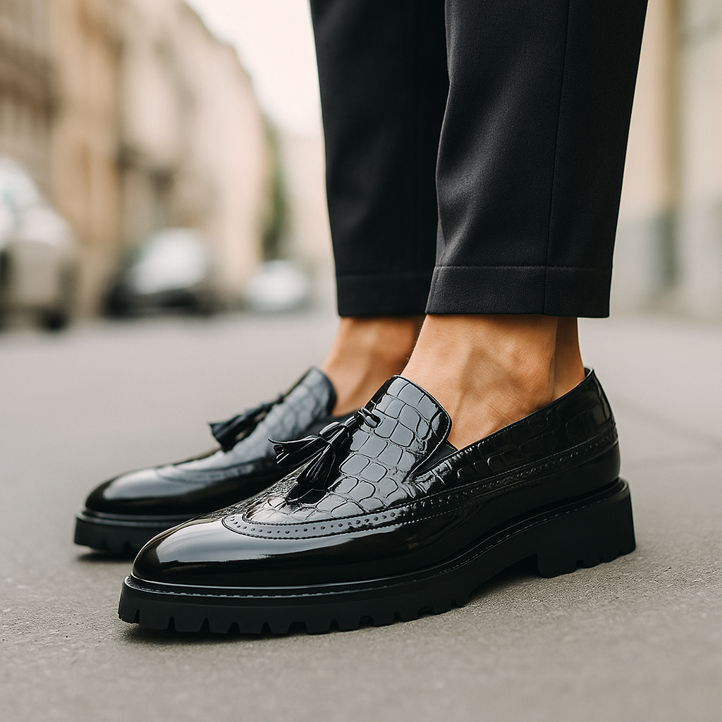 Formal men's loafers: smart casual slip-on design with unique croc texture and stylish tassels.