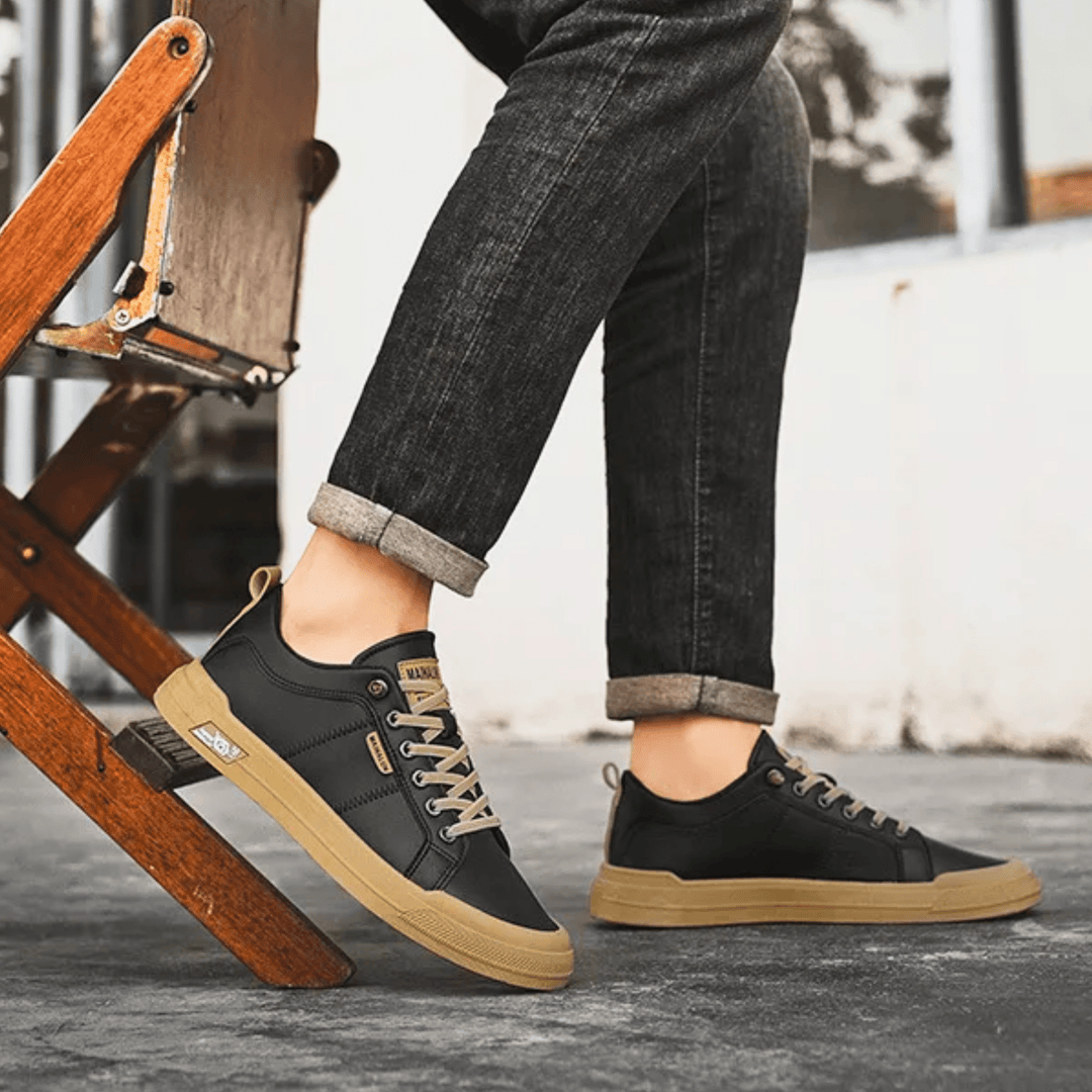 Close-up of men's premium everyday walking sneakers, showcasing their durable, comfortable design.