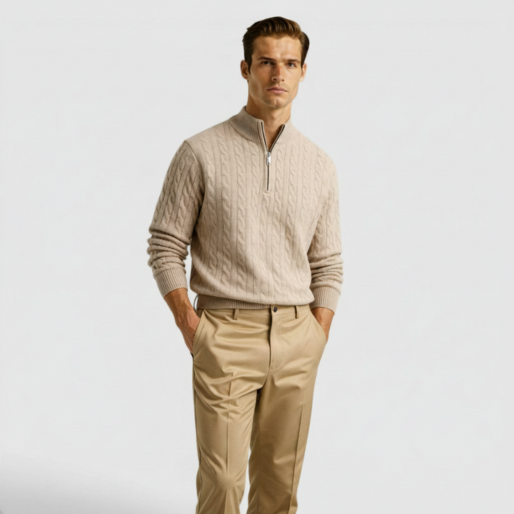 Men's premium half zip knit sweater, warm & comfortable for versatile everyday wear.