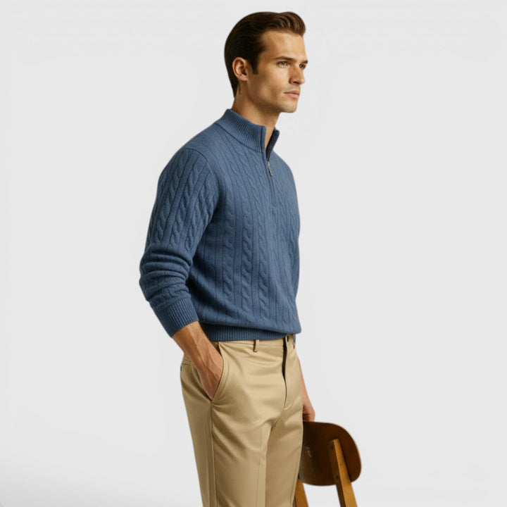 Casual men's half zip pullover knit sweater, ideal for comfortable & warm everyday style.