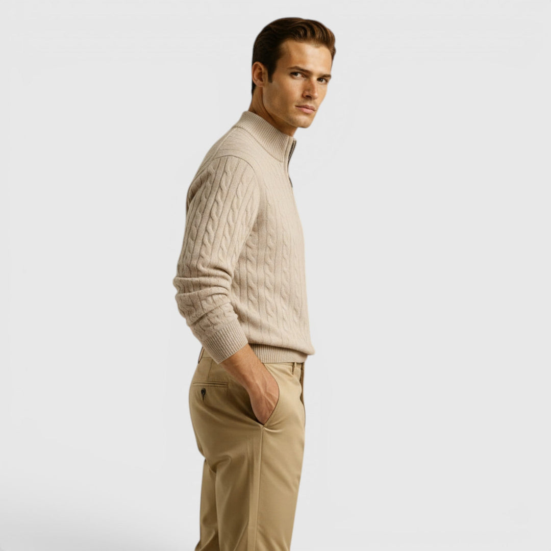 Formal men's half zip knit sweater, a timeless pullover for a sophisticated, warm look.