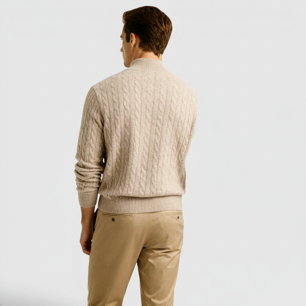 Textured men's knit half zip pullover, warm & comfortable, a versatile wardrobe essential.