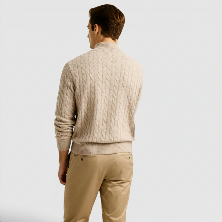 Textured men's knit half zip pullover, warm & comfortable, a versatile wardrobe essential.