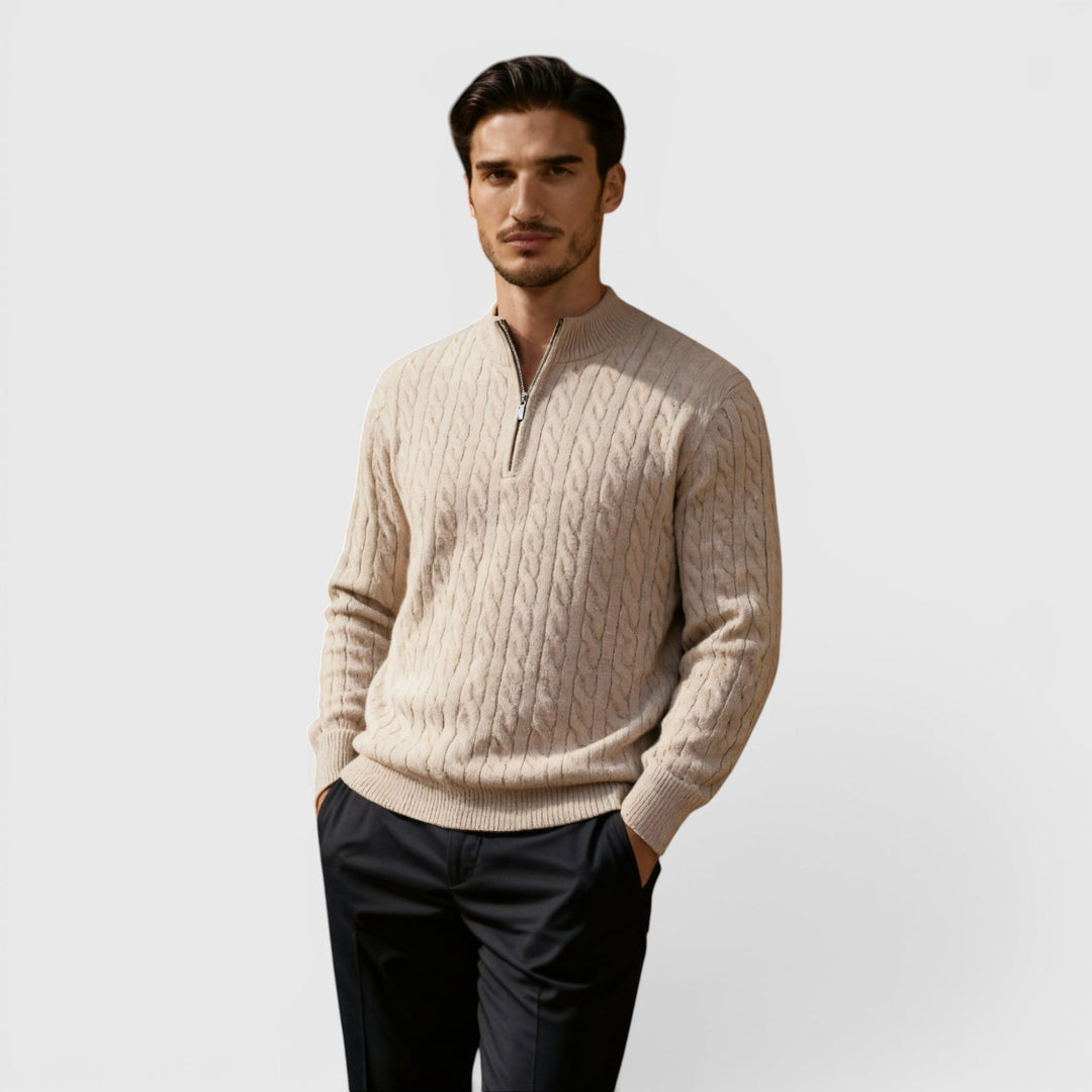 Men's half zip knit sweater, side view, showing comfortable fit & versatile layering potential.