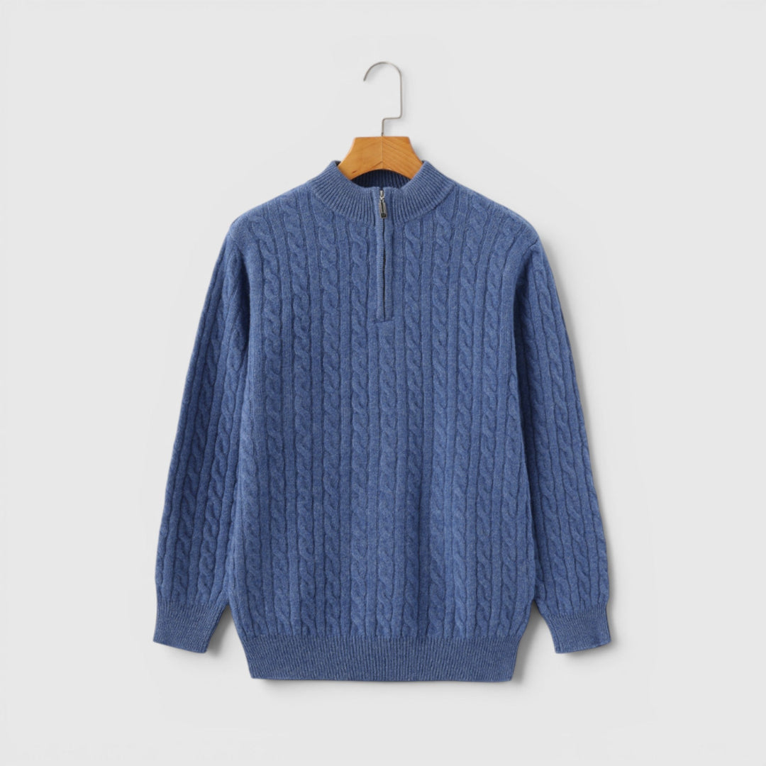 Model wearing men's warm half zip knit pullover, showcasing comfortable casual style.