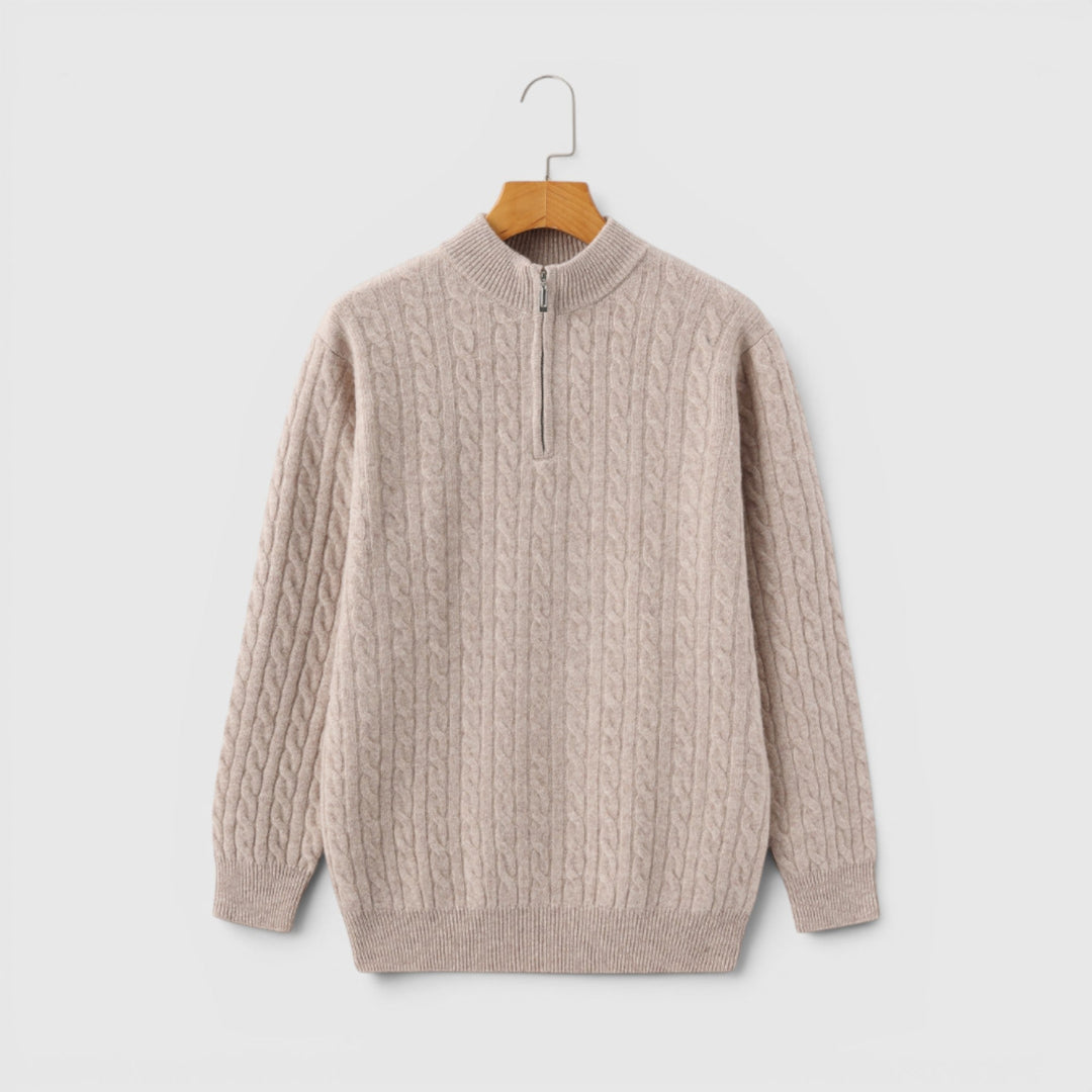 Studio shot of men's premium half zip knit sweater, emphasizing classic design & warmth.