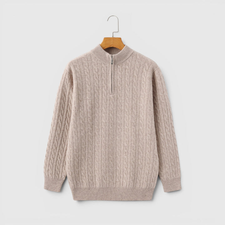 Studio shot of men's premium half zip knit sweater, emphasizing classic design & warmth.