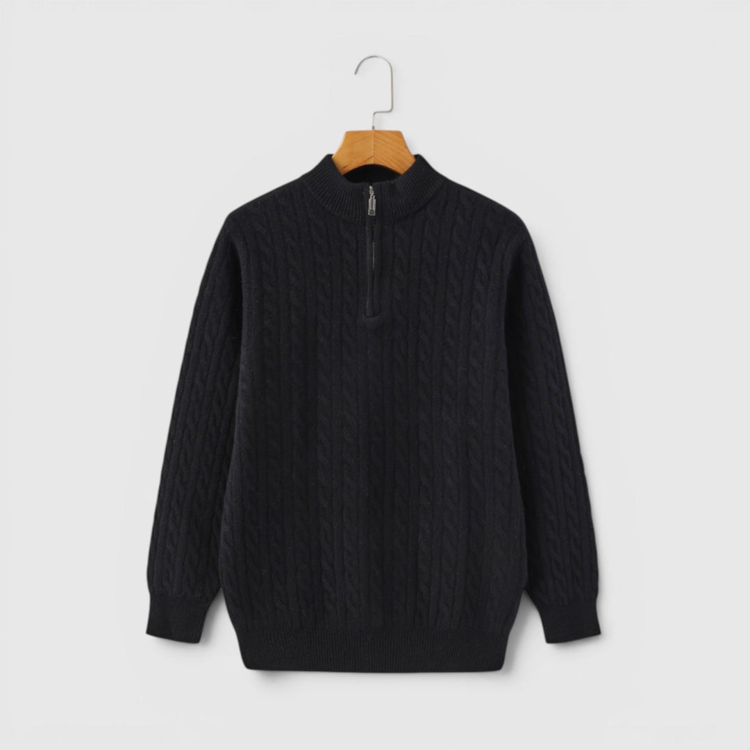 Men's half zip knit sweater outdoors, comfortable & warm for everyday versatile wear.