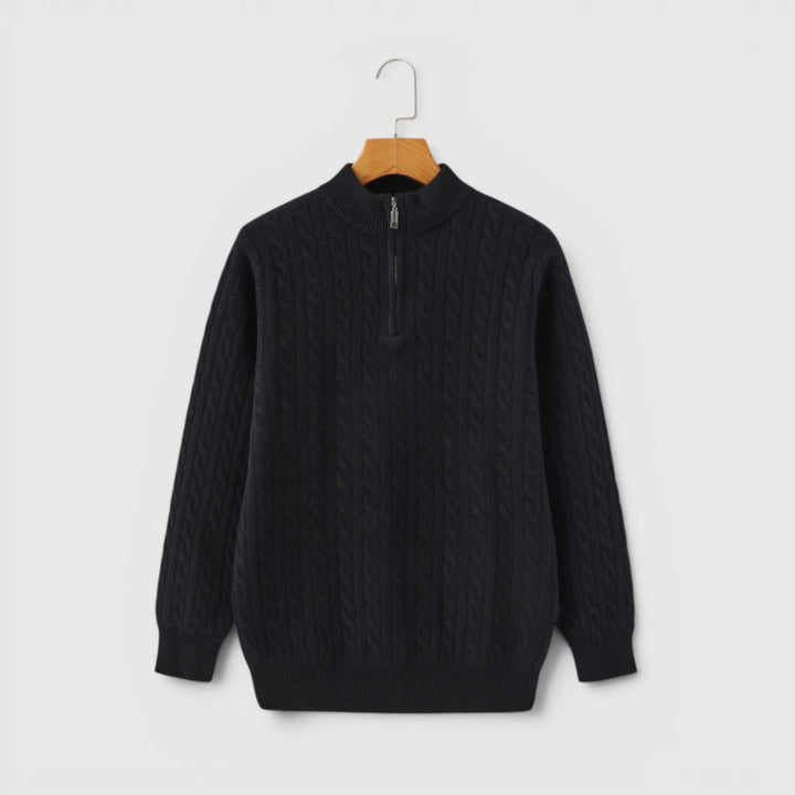 Men's half zip knit sweater outdoors, comfortable & warm for everyday versatile wear.
