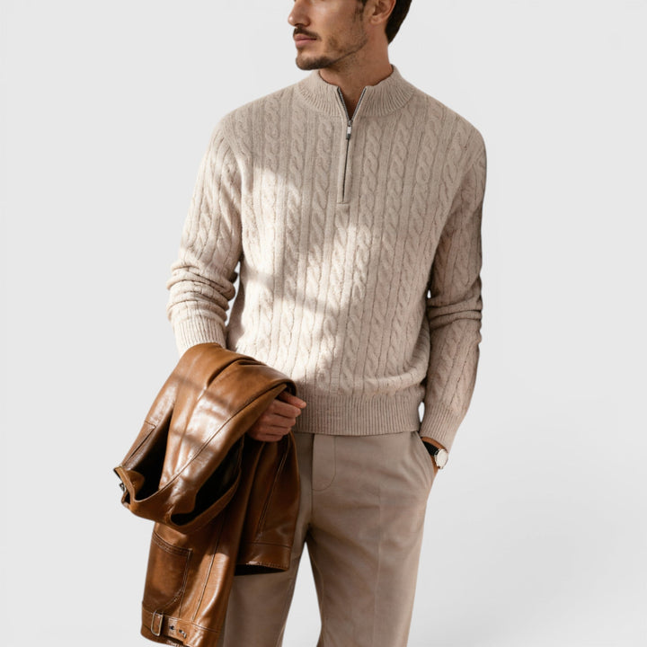 Classic men's half zip pullover knit sweater, perfect for casual or formal layering.