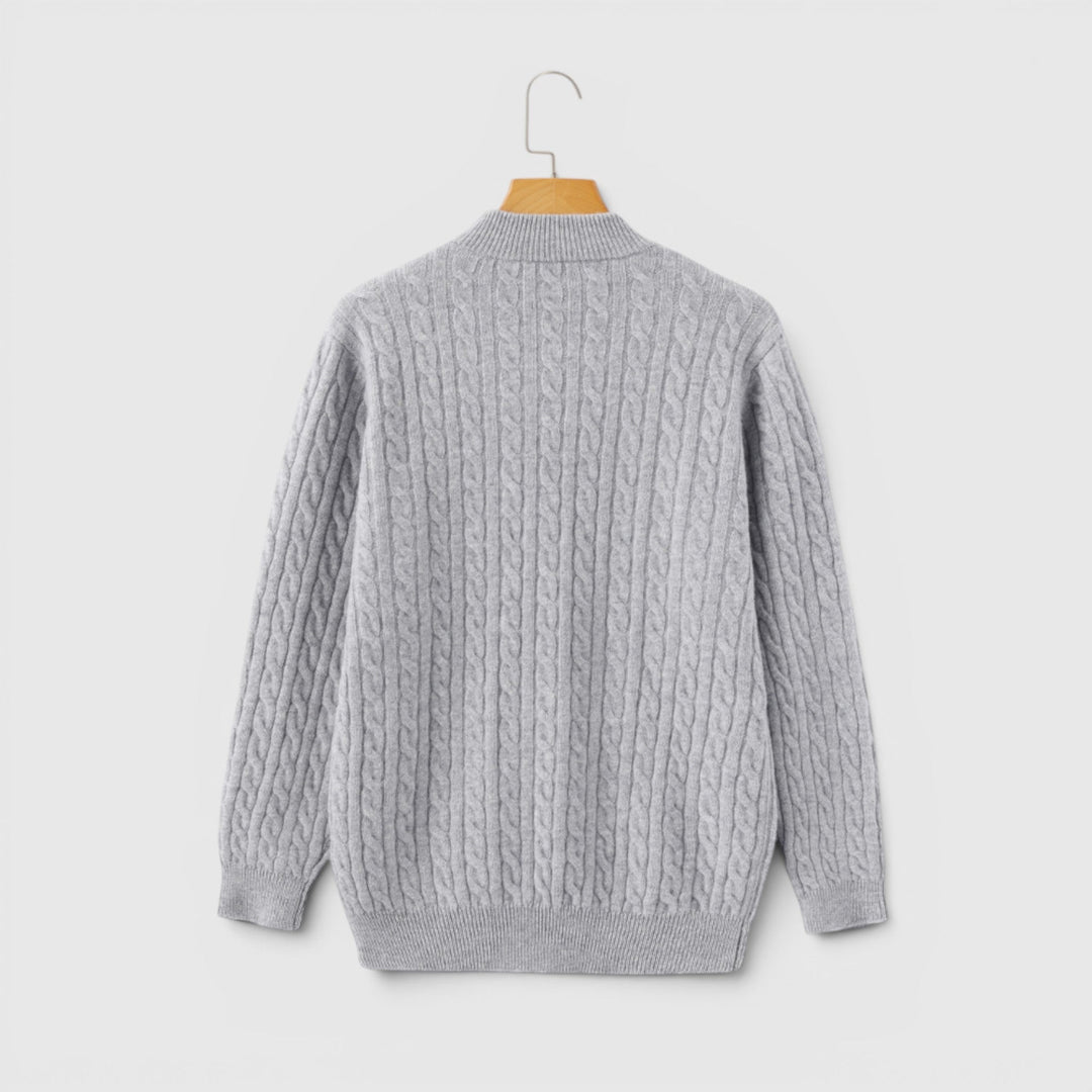 Detail of half zip collar on men's warm knit pullover, offering versatile styling.