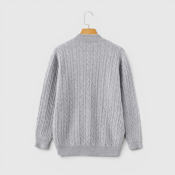 Detail of half zip collar on men's warm knit pullover, offering versatile styling.