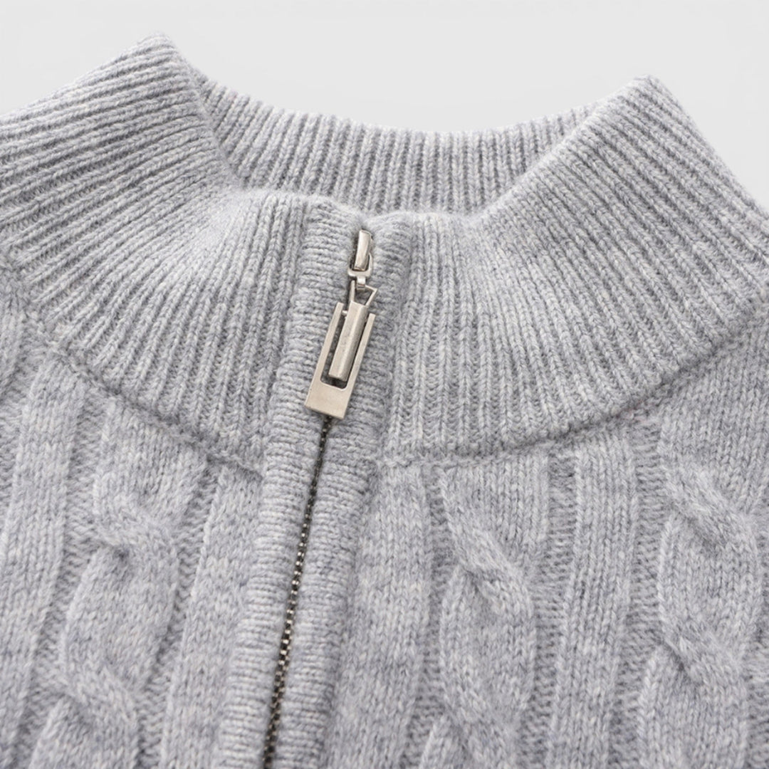Back view of men's classic half zip knit sweater, showcasing timeless fit & comfortable warmth.