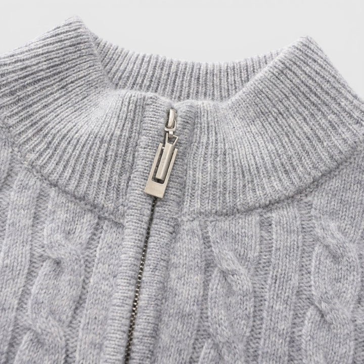 Back view of men's classic half zip knit sweater, showcasing timeless fit & comfortable warmth.