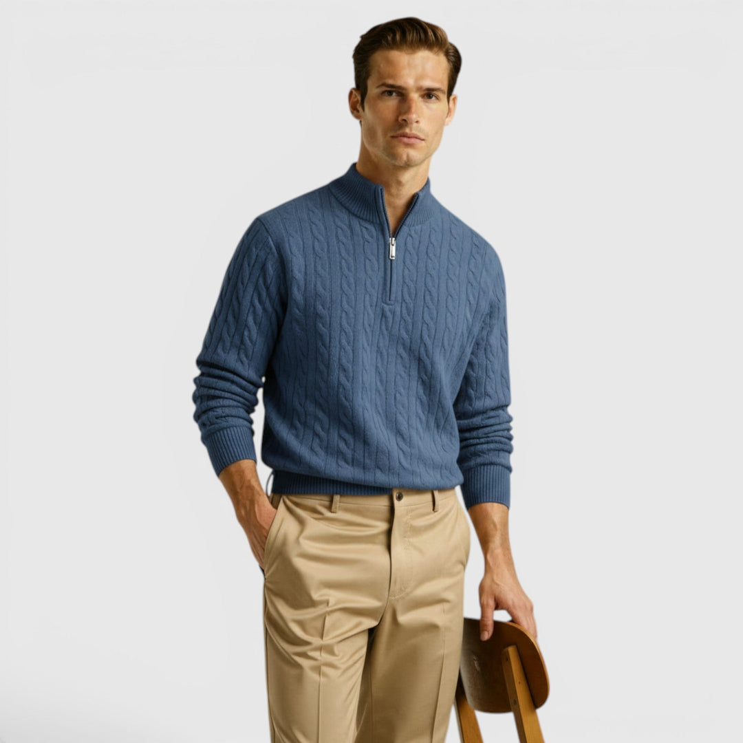 Warm men's knit half zip pullover sweater, comfortable & essential for cooler weather.