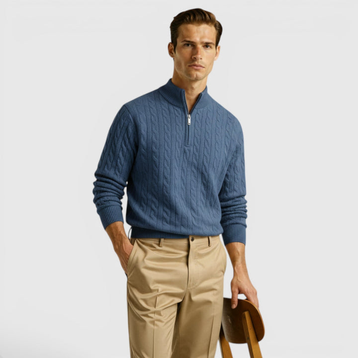 Warm men's knit half zip pullover sweater, comfortable & essential for cooler weather.
