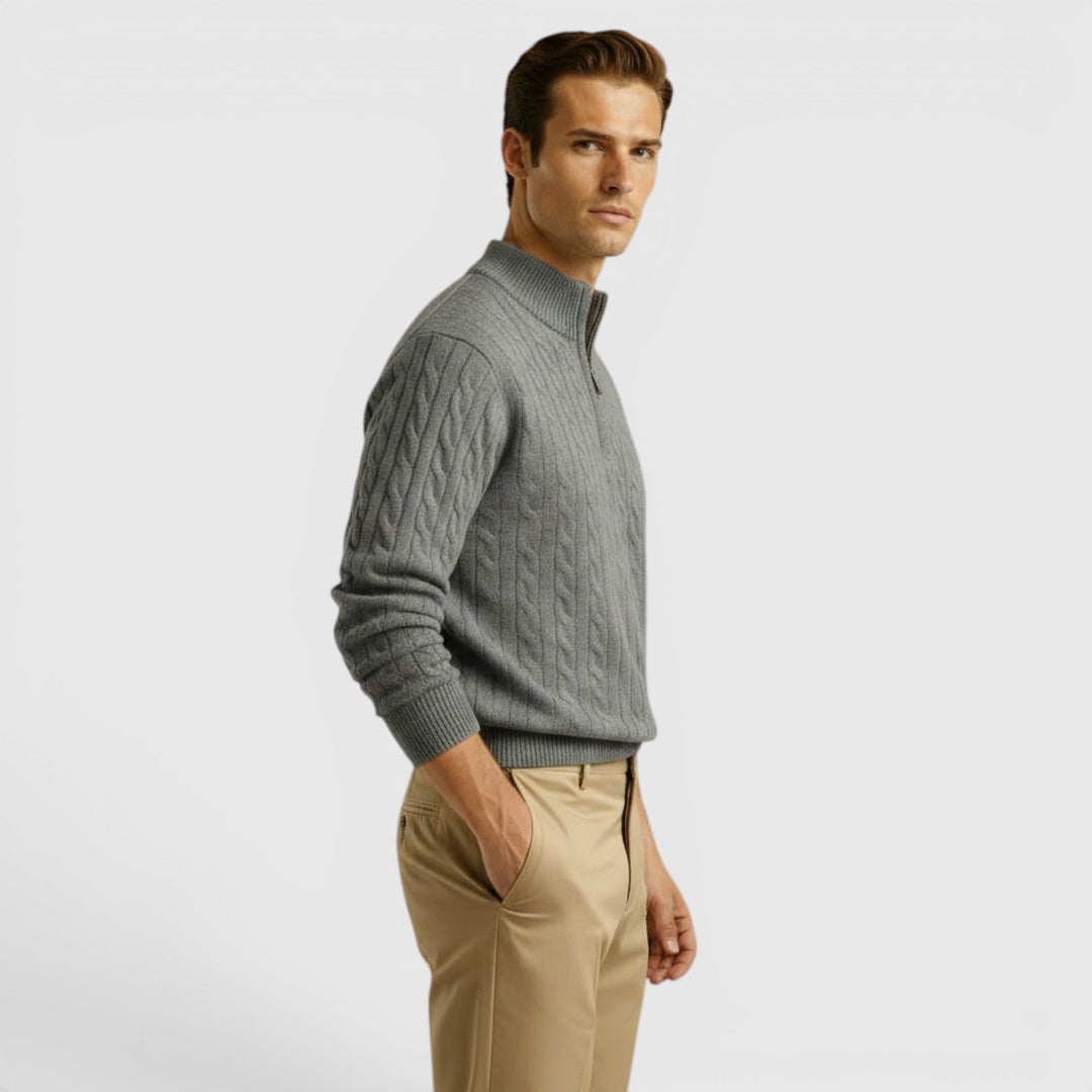 Men's classic half zip knit sweater, perfect for effortless layering & timeless style.