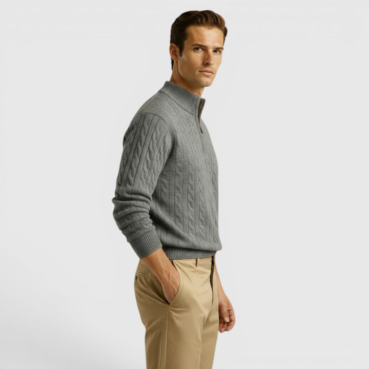 Men's classic half zip knit sweater, perfect for effortless layering & timeless style.