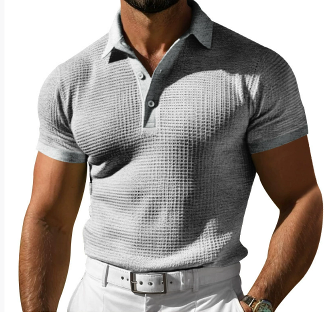 Men's premium knit polo shirt with vintage style, tailored fit, and short sleeves for smart casual wear.