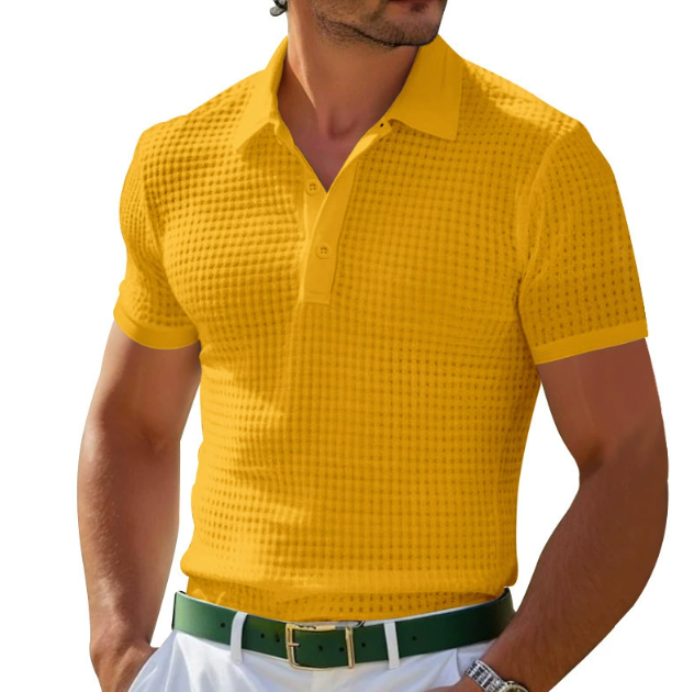 Stylish men's vintage knit polo shirt, short sleeve, tailored fit, ideal for smart casual & everyday wear.
