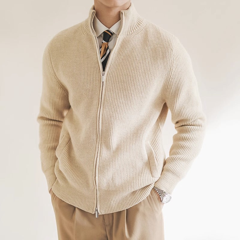 Men's premium ribbed knit zip-front cardigan sweater with stand collar, ideal for fall layering.