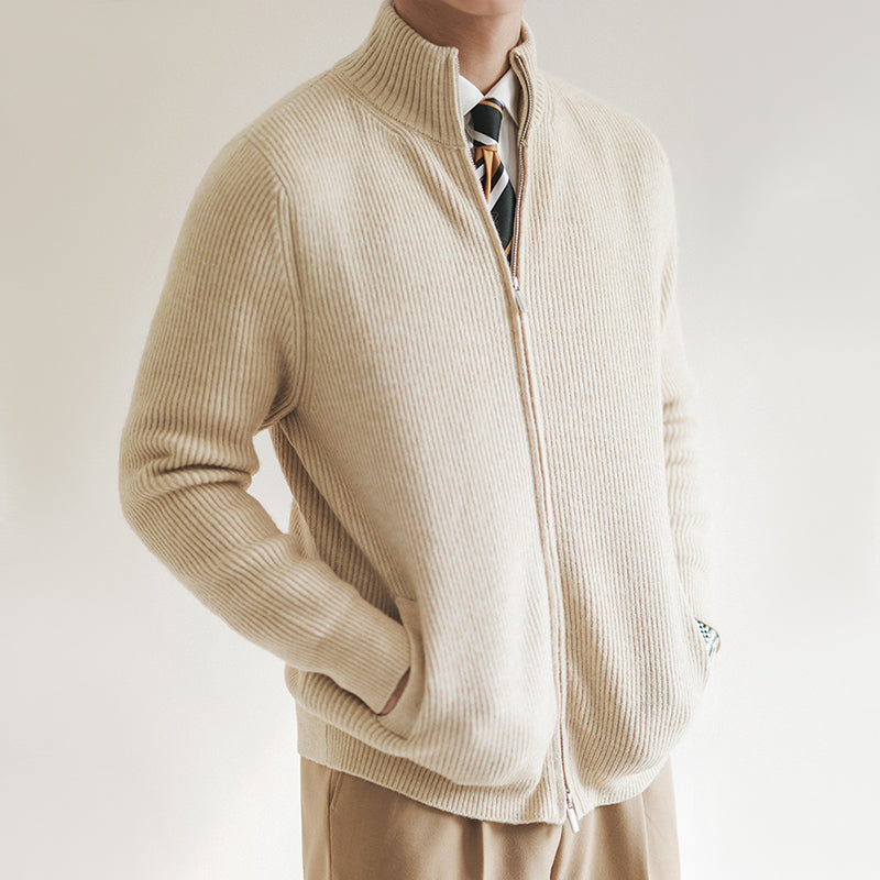 Stylish men's slim-fit ribbed zip cardigan sweater. A warm & versatile layering piece for casual wear.