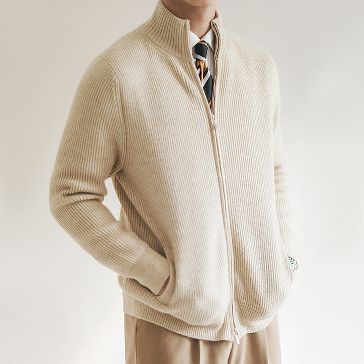 Stylish men's slim-fit ribbed zip cardigan sweater. A warm & versatile layering piece for casual wear.