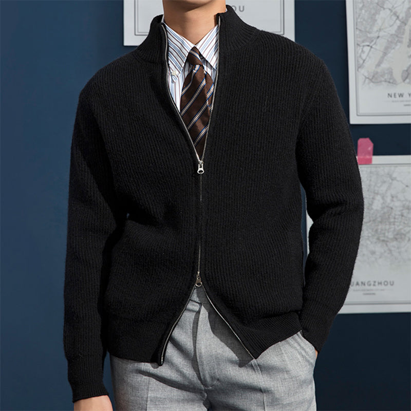 Fashionable men's ribbed knit zip cardigan for cool weather. Perfect fall/winter outerwear with a stand collar.