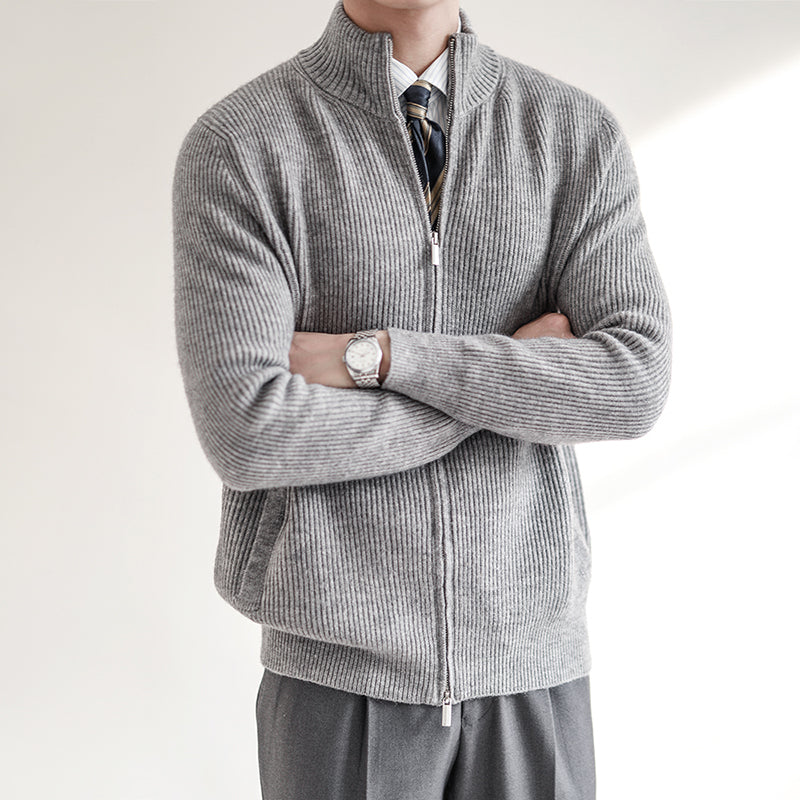 Man in a modern men's premium ribbed zip-front cardigan sweater, showcasing its comfortable slim fit.