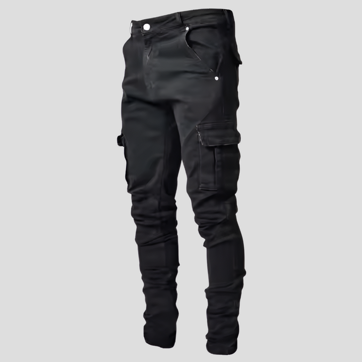 Close-up of men's stretch skinny jeans, highlighting premium denim texture and comfortable slimfit design for casual wear.